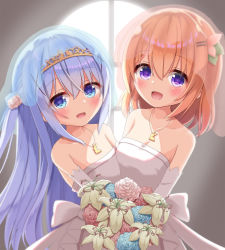 Rule 34 | 2girls, :d, azel (laevateinn495), bare shoulders, blue eyes, blue flower, blue hair, blue rose, bouquet, breasts, brown hair, cleavage, collarbone, commentary request, dress, elbow gloves, flower, gloves, gochuumon wa usagi desu ka?, hair flower, hair ornament, hairclip, highres, hoto cocoa, kafuu chino, long hair, looking at viewer, medium breasts, multiple girls, one side up, open mouth, pink flower, pink rose, purple eyes, rose, see-through, smile, strapless, strapless dress, tiara, veil, very long hair, wedding dress, white dress, white gloves, window