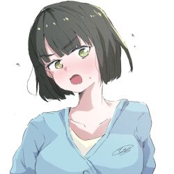Rule 34 | 1girl, black hair, blue cardigan, blunt bangs, blunt ends, blush, breasts, bright pupils, cardigan, collarbone, commentary request, dhuno g, embarrassed, green eyes, head tilt, highres, large breasts, link! like! love live!, looking at viewer, loungewear, love live!, lower teeth only, momose ginko, open mouth, shirt, short hair, simple background, solo, teeth, upper body, v-shaped eyebrows, virtual youtuber, white background, white pupils, yellow shirt
