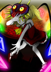Rule 34 | 1girl, blonde hair, colored sclera, corruption, crossover, dark persona, dress, evil smile, flandre scarlet, green eyes, heart, highres, looking at viewer, majora (entity), mask, neckerchief, nintendo, possessed, possession, red eyes, red footwear, shoes, short hair, short sleeves, smile, takehumi, the legend of zelda, the legend of zelda: majora&#039;s mask, touhou, wings, yellow neckerchief, yellow sclera
