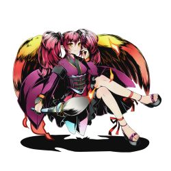 Rule 34 | 10s, 1girl, ankle ribbon, divine gate, full body, hair between eyes, hair ornament, holding, kiri (divine gate), leg ribbon, long hair, official art, pink hair, red ribbon, ribbon, shadow, smile, solo, transparent background, twintails, ucmm, yellow eyes