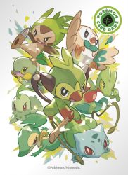 Rule 34 | 6+others, beak, bulbasaur, chespin, chikorita, copyright name, copyright notice, creatures (company), fangs, flying kick, game freak, gen 1 pokemon, gen 2 pokemon, gen 3 pokemon, gen 4 pokemon, gen 5 pokemon, gen 6 pokemon, gen 7 pokemon, gen 8 pokemon, grookey, highres, kicking, looking at viewer, multiple others, nintendo, official art, pokemon, pokemon (creature), pokemon tcg, red eyes, rowlet, simple background, snivy, stick, tail, tentacles, treecko, turtwig, wings