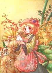 Rule 34 | 1girl, aki minoriko, apron, arinu, bird, black skirt, blonde hair, blush, chicken, chinese zodiac, hair ornament, highres, japanese clothes, kimono, new year, red eyes, rooster, short hair, skirt, smile, solo, touhou, year of the rooster