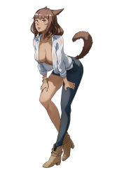 Rule 34 | 10s, 1girl, animal ears, asymmetrical clothes, breasts, brown hair, cat ears, cat tail, cleavage, dark skin, dark-skinned female, facial mark, final fantasy, final fantasy xiv, highres, imdsound, large breasts, looking at viewer, miqo&#039;te, open clothes, open shirt, red eyes, shirt, short hair, simple background, single pantsleg, solo, tail, whisker markings