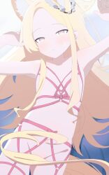 Rule 34 | 1girl, absurdres, animal ear fluff, animal ears, armpits, arms up, aventador, backlighting, blonde hair, blue archive, blush, commentary request, flat chest, flower, flower wreath, forehead, fox ears, fox girl, hair over breasts, hair over crotch, halo, highres, long hair, naked overalls, naked ribbon, nude, overalls, parted bangs, pink ribbon, ribbon, ribbon bra, seia (blue archive), sidelocks, solo, sweat, very long hair, white flower, yellow eyes, yellow halo