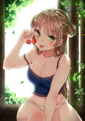 Rule 34 | 1girl, :p, ahoge, alternate costume, bare shoulders, blue camisole, bow, breasts, brown hair, camisole, cherry, cleavage, collarbone, double bun, food, fruit, girls&#039; frontline, green bow, green eyes, hair bow, hair bun, highres, holding, holding food, holding fruit, kodama (koda mat), long hair, looking at viewer, medium breasts, navel, no pants, panties, rfb (girls&#039; frontline), solo, spaghetti strap, strap slip, tongue, tongue out, underwear, underwear only, white panties