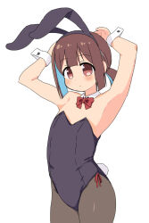 Rule 34 | 1girl, animal ears, armpits, arms behind head, arms up, black leotard, black pantyhose, bow, bowtie, brown eyes, brown hair, cowboy shot, detached collar, highres, hozuki momiji, leotard, long hair, low twintails, naitou kouse, onii-chan wa oshimai!, pantyhose, playboy bunny, rabbit ears, rabbit tail, red bow, red bowtie, simple background, solo, strapless, strapless leotard, tail, twintails, white background, wrist cuffs