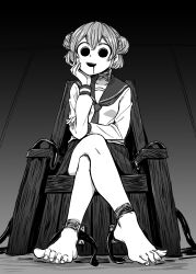 Rule 34 | 1girl, 4shi, :d, arm rest, bags under eyes, bare legs, barefoot, breasts, chair, commentary request, crossed legs, dango-chan (4shi), double bun, drooling, feet, full body, greyscale, hair between eyes, hair bun, head rest, highres, hollow eyes, horror (theme), long sleeves, looking at viewer, looking down, monochrome, neckerchief, open mouth, original, restrained, restraints, sailor collar, school uniform, serafuku, shirt, short hair, skirt, small breasts, smile, solo, stationary restraints, strangulation mark, toes