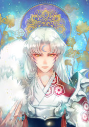 Rule 34 | 1boy, armor, crescent, facial mark, fingernails, forehead mark, fur, inuyasha, japanese clothes, long hair, looking at viewer, male focus, pointy ears, ryo (ryoxkj), sesshoumaru, silver hair, solo, upper body, yellow eyes