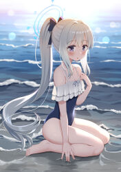 Rule 34 | 1girl, :o, bare shoulders, barefoot, blue archive, blue bow, blue halo, blue one-piece swimsuit, blurry, blurry background, blush, bow, casual one-piece swimsuit, collarbone, commentary, covered navel, feet, frilled one-piece swimsuit, frills, hair bow, halo, hand up, highres, legs, long hair, looking at viewer, miyako (blue archive), miyako (swimsuit) (blue archive), ocean, off-shoulder one-piece swimsuit, off shoulder, official alternate costume, one-piece swimsuit, parted lips, ponytail, purple eyes, radn5555, sidelocks, sitting, solo, sunlight, swimsuit, toenails, toes, very long hair, wariza, water, water drop, waves, white hair