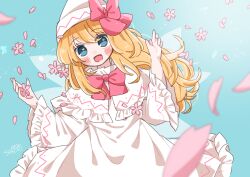 Rule 34 | 1girl, :d, absurdres, blonde hair, blue eyes, blush, capelet, cherry blossoms, dress, fairy, fairy wings, frilled dress, frilled sleeves, frills, hands up, hat, highres, lily white, long hair, long sleeves, looking at viewer, open mouth, outdoors, petals, salt (seasoning), signature, smile, solo, touhou, upper body, white capelet, white dress, white hat, wide sleeves, wings
