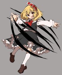 Rule 34 | 1girl, ascot, black skirt, black vest, blonde hair, bloomers, blouse, brown footwear, claws, collared shirt, commentary request, fingernails, frilled skirt, frills, full body, grey background, hair ribbon, head tilt, highres, kneehighs, loafers, long sleeves, open mouth, red ascot, red eyes, red ribbon, ribbon, rumia, shinmon akika, shirt, shoes, short hair, simple background, skirt, skirt set, socks, solo, teeth, touhou, underwear, upper teeth only, vest, white bloomers, white socks, white shirt
