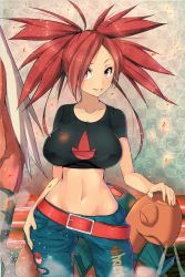 Rule 34 | 00s, 1girl, belt, blaziken, breasts, cleavage, creatures (company), crop top, denim, flannery (pokemon), game freak, gen 3 pokemon, groin, gym leader, hair over one eye, headpat, hip focus, jeans, large breasts, long hair, looking at viewer, lowleg, lowleg pants, magister, midriff, narrow waist, navel, nintendo, pants, pokemon, pokemon (creature), pokemon rse, ponytail, red eyes, red hair, shirt, smile, smoke, t-shirt, taut clothes, taut shirt, thumb in pocket, toned, torkoal, wide hips