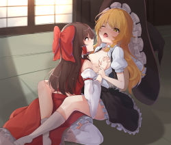 Rule 34 | 2girls, absurdres, bad id, bad pixiv id, bare shoulders, black headwear, black skirt, blonde hair, bow, braid, grabbing another&#039;s breast, breasts, brown hair, commentary request, detached sleeves, grabbing, hair bow, hair censor, hair tubes, hakurei reimu, hat, highres, indoors, kirisame marisa, kneehighs, korean commentary, legs, long hair, looking at another, multiple girls, no shoes, one eye closed, open mouth, puffy short sleeves, puffy sleeves, red bow, red skirt, shadow, short sleeves, sidelocks, single braid, sitting, skirt, skirt set, sliding doors, socks, thighhighs, thighs, tongue, tongue out, touhou, wariza, white bow, white legwear, witch hat, yellow eyes, yuri, ziro (zirorong)
