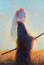 Rule 34 | 1girl, absurdres, black hakama, blue hair, blue sky, closed mouth, commentary request, day, field, hair between eyes, hair ornament, hakama, hakama skirt, head tilt, high ponytail, highres, holding, holding sheath, japanese clothes, katana, kisei2, long hair, long sleeves, looking at viewer, looking to the side, original, outdoors, ponytail, red eyes, scabbard, sheath, sheathed, sidelocks, skirt, sky, sleeves past fingers, sleeves past wrists, solo, standing, sword, very long hair, weapon, wide sleeves