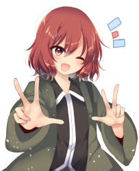 Rule 34 | 1other, androgynous, coat, double v, green coat, hands up, highres, len&#039;en, looking at viewer, one eye closed, open mouth, ougi hina, red eyes, red hair, shitodo hooaka, short hair, smile, v