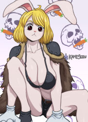 Rule 34 | 1girl, areola slip, bikini, bikini top only, blonde hair, breasts, cape, carrot (one piece), cleavage, eyelashes, furry, furry female, gloves, huge breasts, kameseru, long hair, looking at viewer, medium hair, one piece, red eyes, shorts, shoulder pads, solo, squatting, swimsuit, tail, white fur