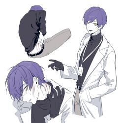 Rule 34 | 1boy, absurdres, black gloves, black sweater, coat, gabriel (project moon), gauze, gauze on neck, gloves, hand up, highres, id card, lab coat, lob juice, lobotomy corporation, long sleeves, multiple views, open mouth, project moon, purple hair, scratches, simple background, smile, solo, sweater, white background, white coat, yellow eyes