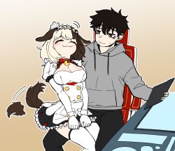 Rule 34 | 1boy, 1girl, :3, animal ears, bags under eyes, bam.g, bell, blonde hair, blush, breasts, brown hair, cleavage, cleavage cutout, closed eyes, clothing cutout, collar, commander (last origin), dog ears, dog girl, dog tail, hachiko of castling, headpat, highres, hood, hoodie, large breasts, last origin, maid, medium hair, multicolored hair, neck bell, red collar, sitting, sitting on lap, sitting on person, smile, split-color hair, sweatdrop, tail, tail wagging, thighhighs, two-tone hair