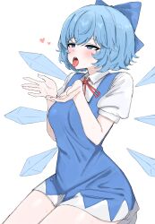 Rule 34 | 1girl, absurdres, blue bow, blue dress, blue eyes, blue hair, bow, breasts, cirno, commentary request, dress, hair bow, heart, highres, ice, ice wings, kneeling, kumiyabe, medium breasts, neck ribbon, open mouth, puffy short sleeves, puffy sleeves, red ribbon, ribbon, short hair, short sleeves, simple background, solo, sweat, thighs, tongue, tongue out, touhou, white background, wings
