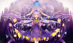 Rule 34 | 2girls, bai qi-qsr, bare shoulders, blue hair, blush, brown eyes, closed mouth, collarbone, dress, elbow gloves, gloves, hair between eyes, haiyi, halterneck, jellyfish, long hair, multiple girls, outstretched arms, purple dress, purple gloves, purple hair, quad tails, siblings, sisters, smile, spread arms, very long hair, vocaloid, vocanese, wrist cuffs, xingchen