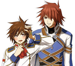 Rule 34 | 00s, age difference, blush, brown hair, father and son, kratos aurion, lloyd irving, male focus, red hair, short hair, simple background, sio vanilla, smile, tales of (series), tales of symphonia