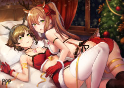 Rule 34 | 2girls, absurdres, alternate costume, anchor earrings, animal ears, antlers, arm ribbon, arm strap, armband, ass, bada (jksh5056), bare shoulders, bed, bell, black choker, black legwear, blush, breasts, brown hair, choker, christmas, christmas tree, cleavage, collarbone, commission, crossover, deer ears, deer tail, earrings, fake animal ears, fur trim, garter straps, girls&#039; frontline, gloves, green eyes, hair between eyes, hair ribbon, headgear, heart, heart lock (kantai collection), heart necklace, highres, horns, indoors, jewelry, kantai collection, long hair, looking at viewer, lying, medium breasts, midriff, miniskirt, multiple girls, mutsu (kancolle), necklace, night, on back, on bed, on person, open mouth, panties, ponytail, red gloves, red panties, red skirt, reindeer antlers, ribbon, short hair, sideboob, skirt, smile, socks, springfield (girls&#039; frontline), tail, take your pick, thighhighs, underwear, white legwear, window, yellow ribbon