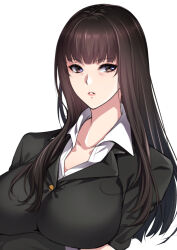 Rule 34 | black eyes, black hair, black jacket, blazer, blunt bangs, breasts, closed mouth, commentary request, crossed arms, dress shirt, girls und panzer, jacket, large breasts, long hair, long sleeves, mature male, nishizumi shiho, shirt, simple background, straight hair, upper body, white background, wing collar, zucchini