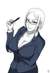 Rule 34 | blonde hair, blue eyes, breast rest, breasts, business suit, carried breast rest, carrying, cleavage, collarbone, formal, glasses, highres, large breasts, lord jaywalk, mature female, monochrome, office lady, original, pencil skirt, self-upload, short hair, skirt, solo, suit, white background