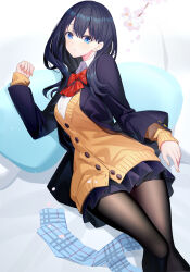 Rule 34 | 1girl, black hair, black jacket, black skirt, blazer, blue eyes, blush, bow, bowtie, breasts, brown pantyhose, closed mouth, collared shirt, commentary, dress shirt, feet out of frame, gridman universe, hair between eyes, highres, jacket, long hair, long sleeves, looking at viewer, medium breasts, nail polish, open clothes, open jacket, pantyhose, ririko (zhuoyandesailaer), school uniform, shirt, skirt, sleeves past wrists, solo, ssss.gridman, sweater, takarada rikka, thighs, white shirt, yellow sweater
