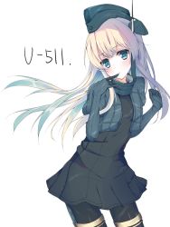 Rule 34 | 10s, 1girl, bad id, bad pixiv id, black dress, black legwear, blonde hair, blue eyes, blush, character name, cowboy shot, cropped jacket, dress, female focus, finger to mouth, garrison cap, gloves, hat, headgear, kantai collection, kuran (yourcatissick), long hair, looking at viewer, puffy sleeves, simple background, solo, u-511 (kancolle), white background