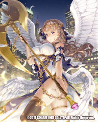 Rule 34 | 1girl, angel wings, ass, axe, blush, braid, breasts, brown eyes, brown hair, dated, feathers, holding, holding axe, impossible clothes, large breasts, long hair, looking at viewer, night, night sky, official art, outdoors, single thighhigh, sky, skyline, solo, standing, thighhighs, tomiwo, venus rumble, watermark, weapon, white wings, wings