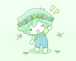 Rule 34 | &gt; o, 1boy, absurdres, barefoot, basil (headspace) (omori), basil (omori), blue overalls, bug, butterfly, chibi, flower, full body, green hair, green shirt, head wreath, highres, insect, looking at viewer, omori, one eye closed, open mouth, overalls, shirt, short hair, short sleeves, smile, solo, wafu (wafu39080)