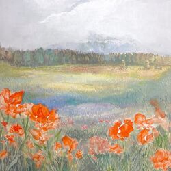 Rule 34 | cloud, cloudy sky, day, field, flower, forest, grass, grasslands, mimoth, nature, no humans, original, painting (medium), plant, red flower, scenery, sky, traditional media, tree, watercolor (medium)
