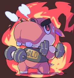 Rule 34 | 1boy, animal crossing, biff (animal crossing), black eyes, black shirt, brown background, buck teeth, clothes writing, commentary request, dumbbell, exercising, fire, flaming eyes, furry, furry male, highres, holding dumbbell, kopa nishikida, male focus, nintendo, on one knee, shirt, short sleeves, simple background, solo, steam from nose, sweat, t-shirt, teeth, thick eyebrows, v-shaped eyebrows, weightlifting
