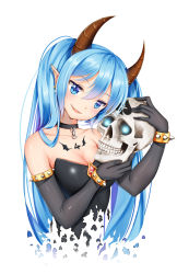 Rule 34 | 1girl, armlet, bad id, bad pixiv id, black dress, black gloves, blue eyes, blue hair, bone, bracelet, breasts, chain, choker, cleavage, colored eyelashes, demon girl, demon horns, dissolving, douya (233), dress, earrings, elbow gloves, glint, gloves, glowing, glowing eyes, hatsune miku, head tilt, highres, holding, holding skull, horns, jewelry, long hair, matching hair/eyes, pointy ears, simple background, skull, solo, spiked bracelet, spikes, strapless, strapless dress, tattoo, teeth, tsurime, twintails, very long hair, vocaloid, white background