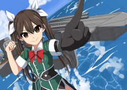 Rule 34 | 1girl, blue sky, bow, bowtie, brown hair, cloud, commentary request, day, elbow gloves, foreshortening, gloves, hair between eyes, hair ribbon, horizon, index finger raised, kantai collection, long hair, machinery, military, military uniform, nittou cafe, ocean, outdoors, pelvic curtain, red bow, red bowtie, ribbon, single elbow glove, sky, solo, tone (kancolle), tone kai ni (kancolle), twintails, uniform, white ribbon