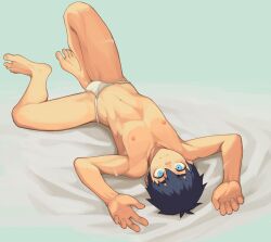 Rule 34 | 1boy, arms up, barefoot, bed sheet, black hair, blue eyes, bulge, collarbone, commentary request, double-parted bangs, feet, from above, fundoshi, groin, hair between eyes, highres, japanese clothes, knee up, light smile, lilili, linea alba, looking at viewer, lying, male focus, male underwear, navel, nipples, on back, original, pectorals, sanpaku, scar, scar on arm, scar on face, scar on leg, scar on nose, short hair, solo, spread legs, toned, toned male, underwear, underwear only, upside-down