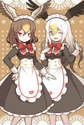 Rule 34 | 2girls, alternate costume, apron, bald eagle (kemono friends), bird wings, black dress, blonde hair, blush, bow, brown eyes, brown hair, commentary request, dress, enmaided, frilled dress, frills, gradient hair, hair between eyes, hand on own hip, hand on own chest, head wings, highres, japari symbol, kemono friends, kemono friends 3, long hair, long sleeves, maid, maid apron, maid headdress, multicolored hair, multiple girls, nama014, northern goshawk (kemono friends), one eye closed, open mouth, pantyhose, red neckwear, short hair, sleeve cuffs, white apron, white frills, white hair, white legwear, wings, yellow eyes