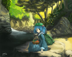 Rule 34 | 1girl, 2014, artist name, backpack, bag, barefoot, basket, brown eyes, cucumber, dated, day, derivative work, dress, faux traditional media, forest, green hat, hair bobbles, hair ornament, hat, highres, kawashiro nitori, long sleeves, looking at viewer, nature, outdoors, plant, river, riverbank, rock, scenery, signature, sitting, skirt, smile, solo, strap, tomato, touhou, tree, twintails, two side up, usawa