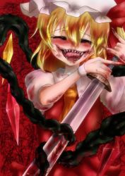 Rule 34 | 1girl, ^ ^, ascot, asymmetrical wings, blonde hair, blood, blood on face, blood on clothes, bloody tears, bloody weapon, blush, closed eyes, closed eyes, female focus, flandre scarlet, hair ribbon, hat, katana, open mouth, red eyes, ribbon, sharp teeth, short hair, side ponytail, smile, solo, squinting, sword, takorice, teeth, touhou, weapon, wings, wrist cuffs