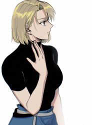 Rule 34 | 1girl, black shirt, blonde hair, blue pants, bob cut, breasts, brown eyes, earrings, fullmetal alchemist, hair over one eye, hand on own neck, highres, jewelry, large breasts, looking to the side, ozaki (tsukiko3), pants, parted bangs, parted lips, riza hawkeye, shirt, short hair, short sleeves, solo, tight clothes, tight shirt, turtleneck, upper body, white background