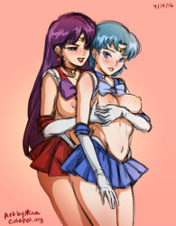 Rule 34 | 2girls, bare legs, bishoujo senshi sailor moon, black eyes, blue bow, blue choker, blue eyes, blue hair, blue skirt, blush, bow, grabbing another&#039;s breast, breast hold, breast press, breasts, breasts out, choker, couple, dated, earrings, elbow gloves, female focus, gloves, grabbing, grabbing from behind, grin, half-closed eyes, holding hands, hino rei, jewelry, legs, lips, lipstick, long hair, looking at another, looking back, magical girl, makeup, medium breasts, midriff, mina cream, miniskirt, mizuno ami, multiple girls, navel, neck, necklace, nipples, orange lips, parted lips, pink background, pleated skirt, purple bow, purple hair, red choker, red lips, red skirt, sailor mars, sailor mercury, short hair, simple background, skirt, sleeveless, smile, standing, star (symbol), star necklace, super sailor mars, super sailor mercury, tiara, white gloves, yuri