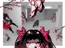 Rule 34 | 6+girls, absurdres, backrooms (creepypasta), bow, brown hair, ceiling, clone, dual persona, floating, fox mask, hair bow, highres, honkai: star rail, honkai (series), indoors, leaning forward, long hair, looking at viewer, mask, mask on head, multiple girls, partially colored, pink eyes, red bow, sandals, sitting, sparkle (honkai: star rail), straight-on, tile ceiling, tiles, twintails, uouofishtown, wariza