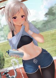 Rule 34 | 1girl, black pantyhose, blue shorts, blush, bottle, clothes lift, collarbone, commentary request, cowboy shot, dutch angle, faucet, grass, groin, gym shorts, hair ornament, hairclip, highres, holding, holding bottle, light brown hair, long hair, midriff, minato ojitan, navel, off shoulder, open mouth, original, outdoors, pantyhose, pink eyes, shirt lift, short sleeves, shorts, side ponytail, sidelocks, solo, sports bra, sweat, tan, tanline, thigh gap, thighs, water, water bottle, wristband