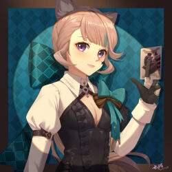 Rule 34 | 1girl, absurdres, animal ears, aqua bow, between fingers, bow, breasts, card, card between fingers, cat ears, cat tail, cleavage, closed mouth, commentary request, genshin impact, hair bow, hand up, highres, holding, holding card, huge bow, juliet sleeves, light brown hair, lips, long hair, long sleeves, lynette (genshin impact), medium breasts, puffy sleeves, purple eyes, qi xuan, signature, solo, tail, two-tone gloves, upper body