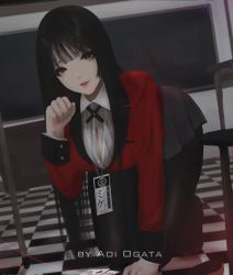 Rule 34 | 1girl, aoi ogata, arm up, black hair, blunt bangs, breasts, commission, full body, highres, jabami yumeko, kakegurui, large breasts, lips, long hair, long sleeves, looking at viewer, open clothes, open shirt, pantyhose, parted lips, red eyes, shirt, solo, white shirt