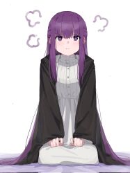 Rule 34 | 1girl, :t, puff of air, angry, black robe, closed mouth, cloud, dress, fern (sousou no frieren), frown, gown, half updo, highres, kneeling, long hair, long sleeves, muina, pout, purple eyes, purple hair, robe, simple background, sitting, solo, sousou no frieren, white background