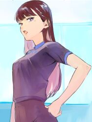 Rule 34 | 1girl, absurdres, bang dream!, bang dream! it&#039;s mygo!!!!!, black shirt, brown hair, commentary request, hand on own hip, highres, long hair, looking at viewer, mole, mole under eye, nagayama momo, open mouth, purple eyes, shiina taki, shirt, short sleeves, solo, upper body