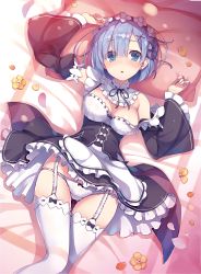 Rule 34 | 10s, 1girl, absurdres, apron, bad id, bad yandere id, black bow, blue eyes, blue hair, bow, bow panties, breasts, clothes lift, detached collar, detached sleeves, eyes visible through hair, flower, garter straps, hair ornament, hair over one eye, hairband, highres, lolita hairband, looking at viewer, lying, medium breasts, on back, open mouth, panties, petals, re:zero kara hajimeru isekai seikatsu, rem (re:zero), resized, ribbon-trimmed thighhighs, ribbon trim, short hair, skirt, skirt lift, solo, thighhighs, third-party edit, tomose shunsaku, underwear, upscaled, white panties, white thighhighs, wide sleeves, x hair ornament