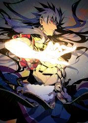 Rule 34 | 1boy, armor, blue hair, closed mouth, dark blue hair, earrings, elbow gloves, fate/grand order, fate (series), fighting stance, floating, floating hair, foreshortening, gloves, glowing, glowing hand, gold armor, highres, jewelry, koshiro itsuki, light particles, long hair, looking at viewer, male focus, romulus quirinus (fate), solo, upper body, very long hair